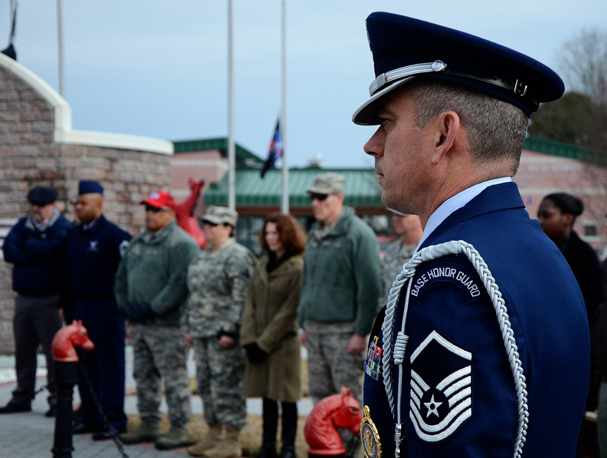 The Virginia Air National Guard’s Virginia Beach-based 203rd RED HORSE Squadron holds a memorial service March 3, 2015, at Camp Pendleton to honor 18 unit members and three Florida Army Guard aviators killed 14 years ago. The 203rd engineers and the Florida aviators from Detachment 1, 171st Aviation Battalion, were killed March 3, 2001, when the C-23 Sherpa they were flying in crashed in a cotton field near Unadilla, Ga. The 203rd members were returning home after completing a two-week military construction project at Hurlburt Field, Fla. The C-23 crash was the worst peacetime aviation disaster in the history of the National Guard, and the worst loss of life in the Virginia National Guard since World War II. (Photo by Staff Sgt. Terra C. Gatti, Virginia Guard Public Affairs)