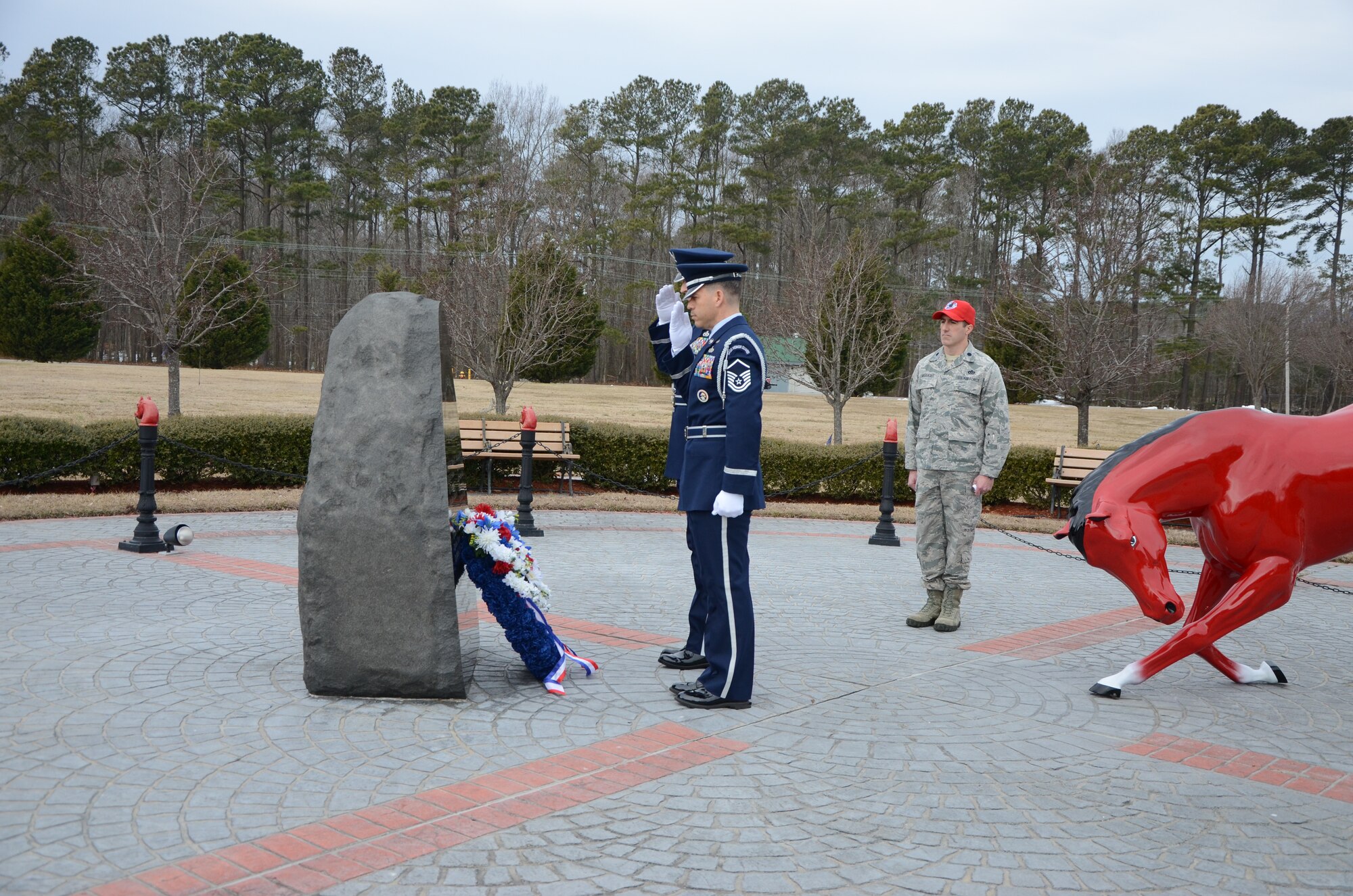 The Virginia Air National Guard’s Virginia Beach-based 203rd RED HORSE Squadron holds a memorial service March 3, 2015, at Camp Pendleton to honor 18 unit members and three Florida Army Guard aviators killed 14 years ago. The 203rd engineers and the Florida aviators from Detachment 1, 171st Aviation Battalion, were killed March 3, 2001, when the C-23 Sherpa they were flying in crashed in a cotton field near Unadilla, Ga. The 203rd members were returning home after completing a two-week military construction project at Hurlburt Field, Fla. The C-23 crash was the worst peacetime aviation disaster in the history of the National Guard, and the worst loss of life in the Virginia National Guard since World War II. (Photo by Staff Sgt. Terra C. Gatti, Virginia Guard Public Affairs)