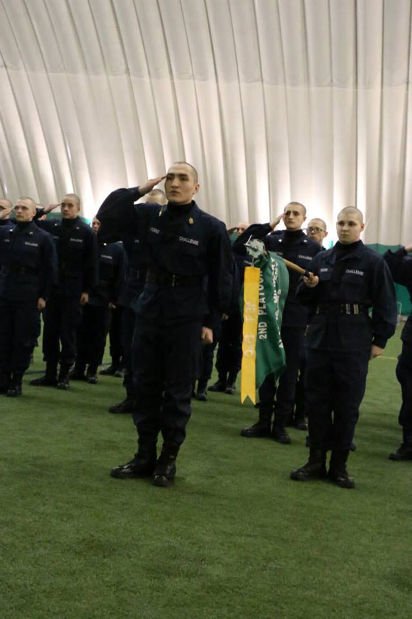 Rafael Vicens salutes in formation during his residential portion of the National Guard Alaska Military Youth Academy cycle. “I never really considered myself a leader, but I'm told I've been doing a pretty good job at it,” Vicens said. “It's really good having everybody look up to me, making my team leaders proud of me.” (Courtesy photo)