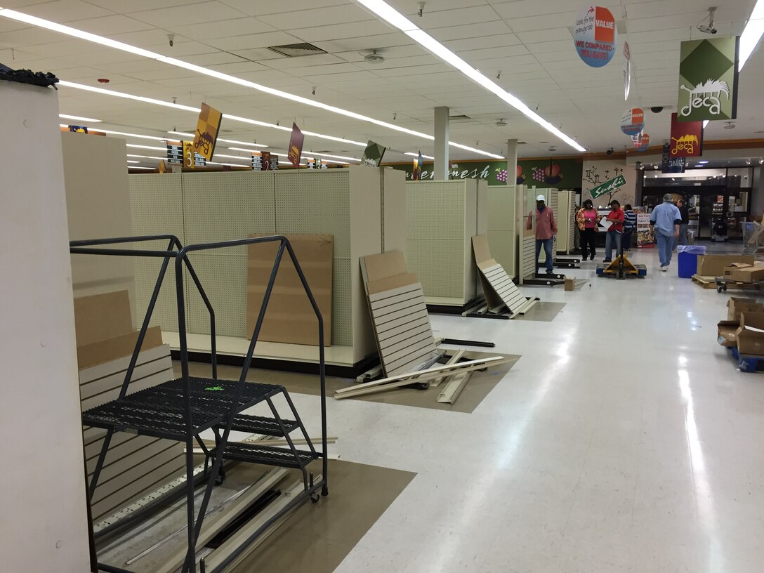 A team of 150 workers including Commissary staff, industry partners and contractors worked diligently during a shelving upgrade Feb. 8 at the Columbus Air Force Base Commissary. Work began at 3 p.m. Feb. 8 and the team worked continuously until Feb. 11 to complete the store upgrade. (U.S. Air Force photo/Airman Daniel Lile)