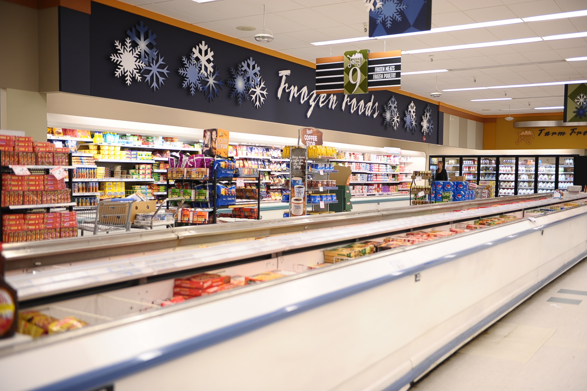 The frozen and refrigerated food section in the Columbus AFB Commissary contains multiple items that are part of the Commissary Value Brand. The Value tags are on about 300 products in 33 categories. (U.S. Air Force photo/Airman Daniel Lile)