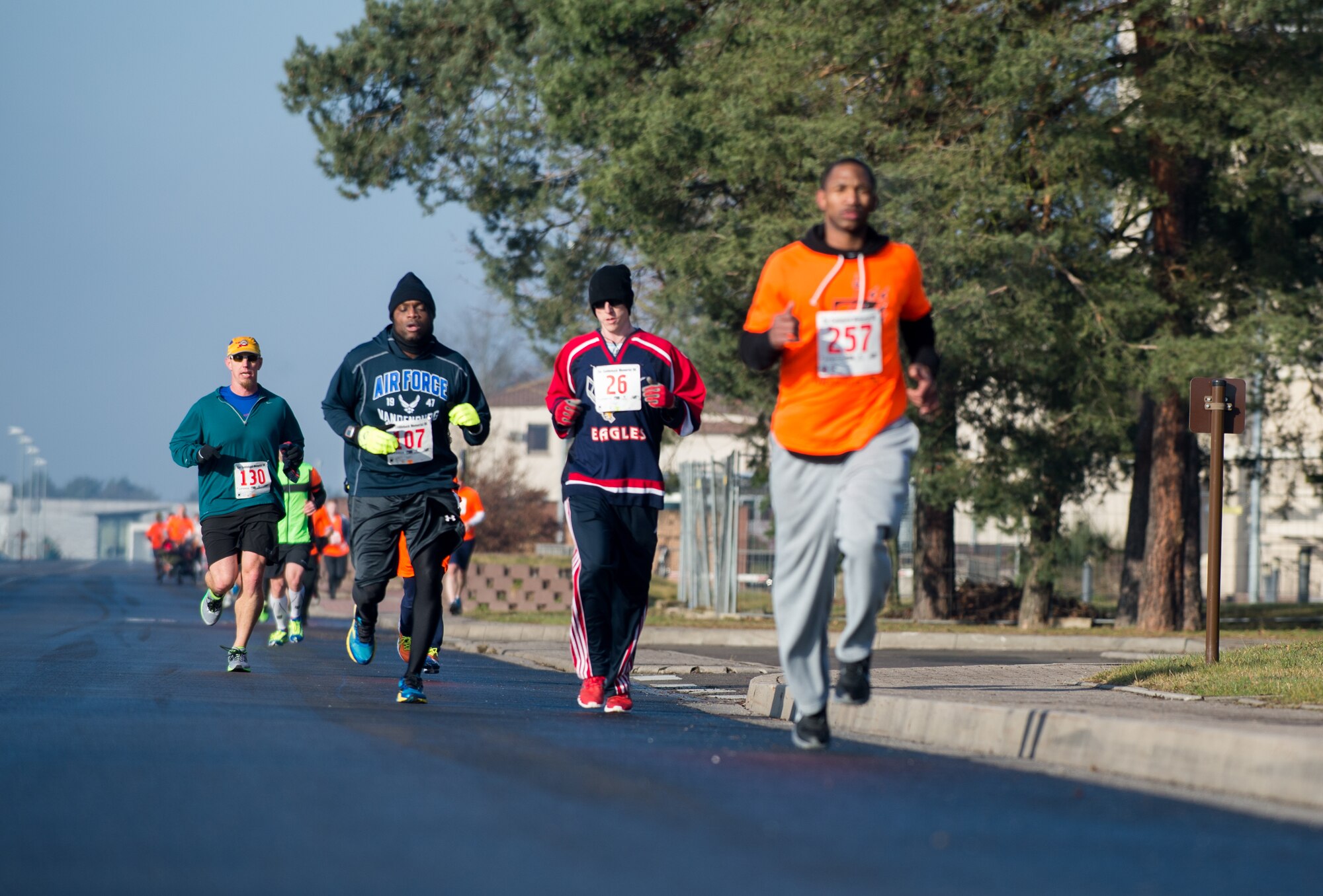 KMC Eagle’s hockey team members run in a memorial run for their teammate, Zachary Cuddeback, at Ramstein Air Base, Germany, Feb. 28, 2015. Cuddeback was killed during a terrorist attack at Frankfurt Airport. (U.S. Air Force photo/Staff Sgt. Armando A. Schwier-Morales)