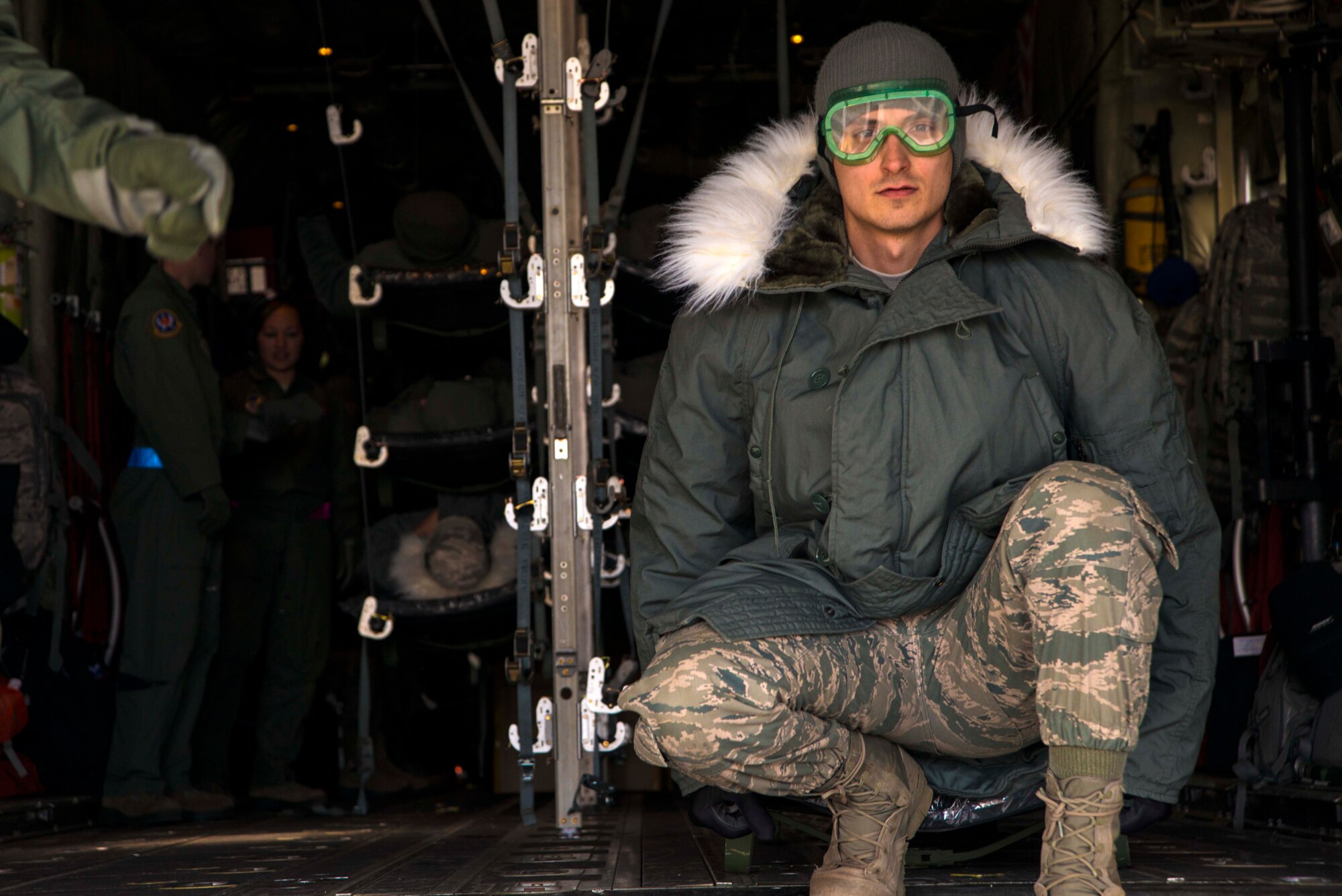 Senior Airman Matthew Wagle, 35th Surgical Operations Squadron, prepares to transport a patient from a C-130 Hercules during an aeromedical evacuation exercise March 5, 2015, at Misawa Air Base, Japan. Wagle was one of dozens of 35th Medical Group medics who helped transport about 30 patients from the aircraft to the base hospital to be treated during exercise Beverly Sunrise 15-2. (U.S. Air Force photo by Staff Sgt. Derek VanHorn)