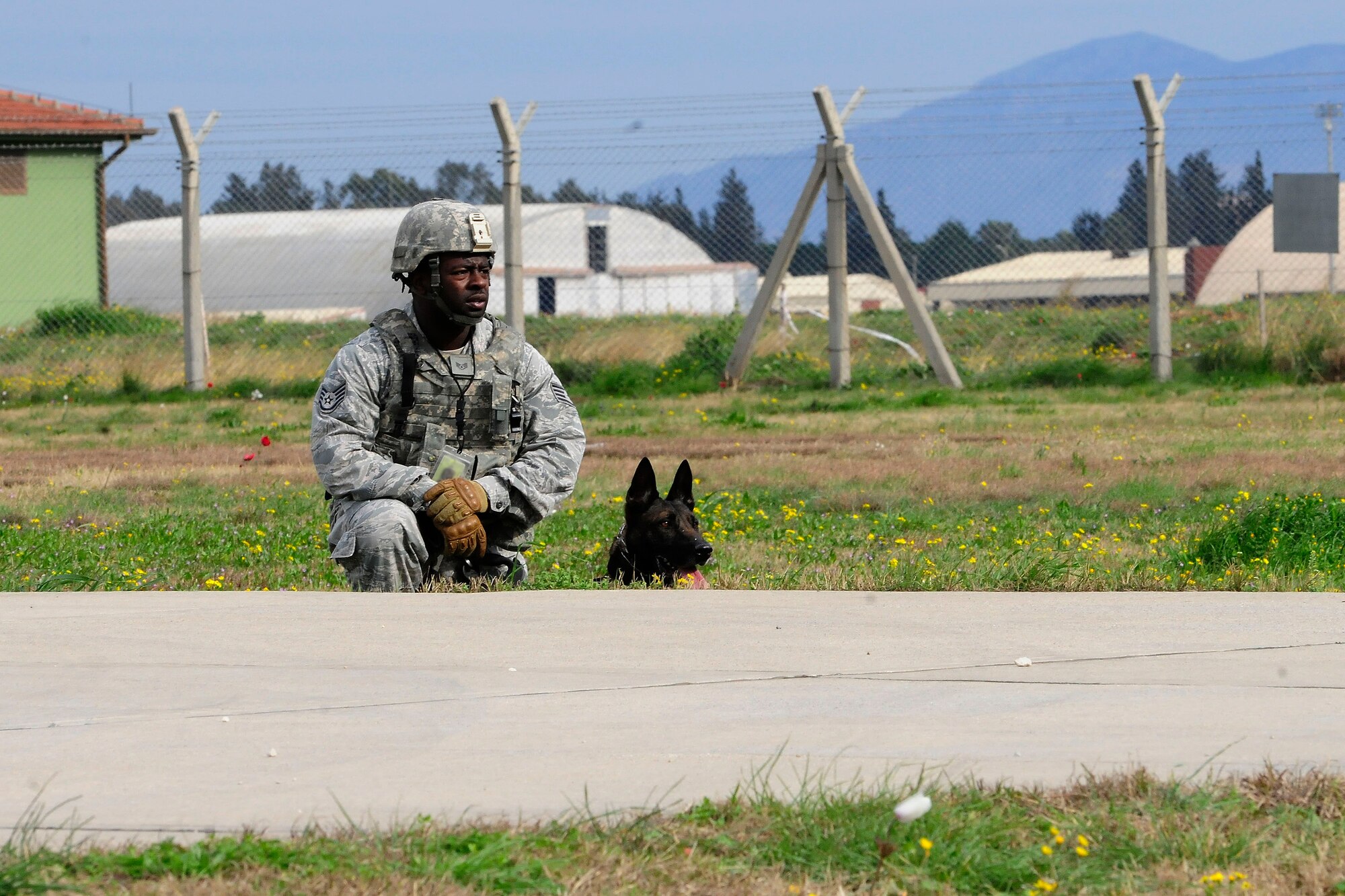 Staff Sgt. Lindsay Thompson, 39th Security Forces Squadron military working dog handler, and Quiz, 39th SFS MWD, crouch in a field during a base-wide exercise Feb. 25, 2015, at Incirlik Air Base, Turkey. As part of the exercise, Thompson and Quiz checked the suspected bomb threat area for any explosives. (U.S. Air Force photo by Senior Airman Krystal Ardrey/Released)