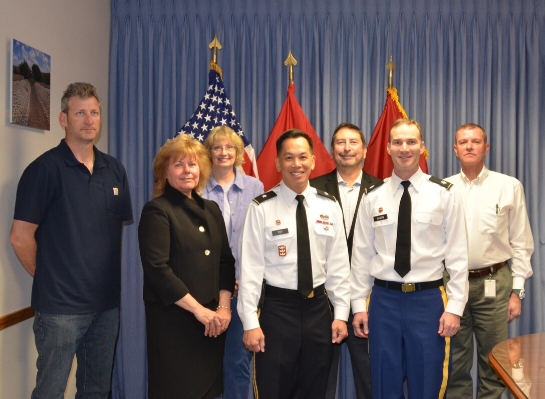 ALBUQUERQUE, N.M. – South Pacific Division Commander Brig. Gen. Mark Toy recognized several District employees for their excellent work, Feb. 26, 2015.  (L-R): Bruno Quirici, Beth Pitrolo, Joan Roll, Brig. Gen. Toy, Art Maestas, District Commander Lt. Col. Patrick Dagon, Reg Bourgeois.