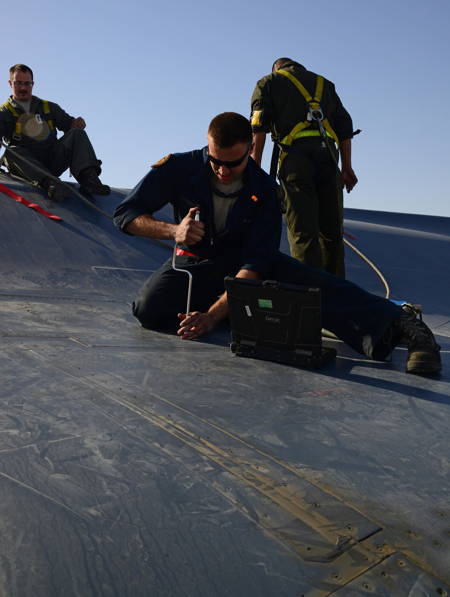 U.S. Air Force Senior Airman Cody Patterson, 34th Expeditionary Aircraft Maintenance Unit, installs an upper gear sub-assembly on a B-1B Lancer during an 800 hour inspection, March 1, 2015, at Al Udeid Air Base, Qatar. Patterson, a native of Marion, Va., who deployed here from Ellsworth Air Force Base, S.D., is a dedicated crew chief of the 34th Expeditionary Bomb Squadron flagship. Airmen from the 34th EAMU provide preventative maintenance to avoid corrective maintenance from having to be performed. Providing a well-maintained aircraft to aircrews is one of the goals of the 34th EAMU, and they do this by performing scheduled inspections and preventative maintenance in a timely manner so that the aircraft can do what they're made to do: fly. (U.S. Air Force photo by Senior Airman Kia Atkins)