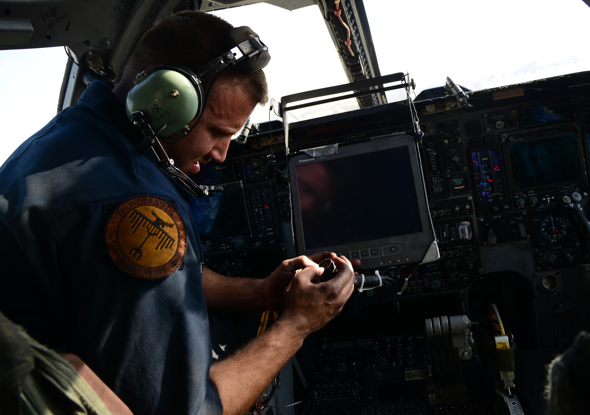 U.S. Air Force Senior Airman Cody Patterson, 34th Expeditionary Aircraft Maintenance Unit, performs a crew-station inspection on a B-1B Lancer, March 1, 2015, at Al Udeid Air Base, Qatar. Patterson, a native of Marion, Va., deployed here from Ellsworth Air Force Base, S.D., is a dedicated crew chief of the 34th Expeditionary Bomb Squadron flagship. The bomber's range and payload let it conduct multiple strikes with a large number of precision-guided munitions, which would require multiple combat sorties from other aircraft. (U.S. Air Force photo by Senior Airman Kia Atkins)