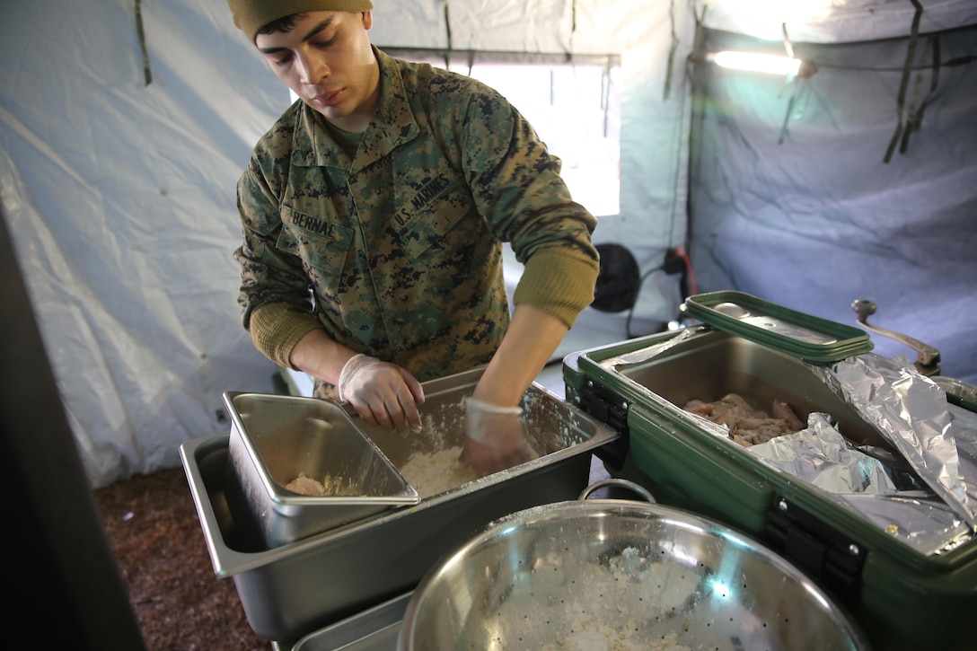 Lance Cpl. Jonathan Bernal prepares to fry catfish during the Maj. Gen. W.P.T. Hill Field Mess Competition at Marine Corps Auxiliary Landing Field Bogue, Feb. 27, 2015. Bernal is a food service specialist with Marine Wing Support Squadron 274 and a native of Irving, Texas.