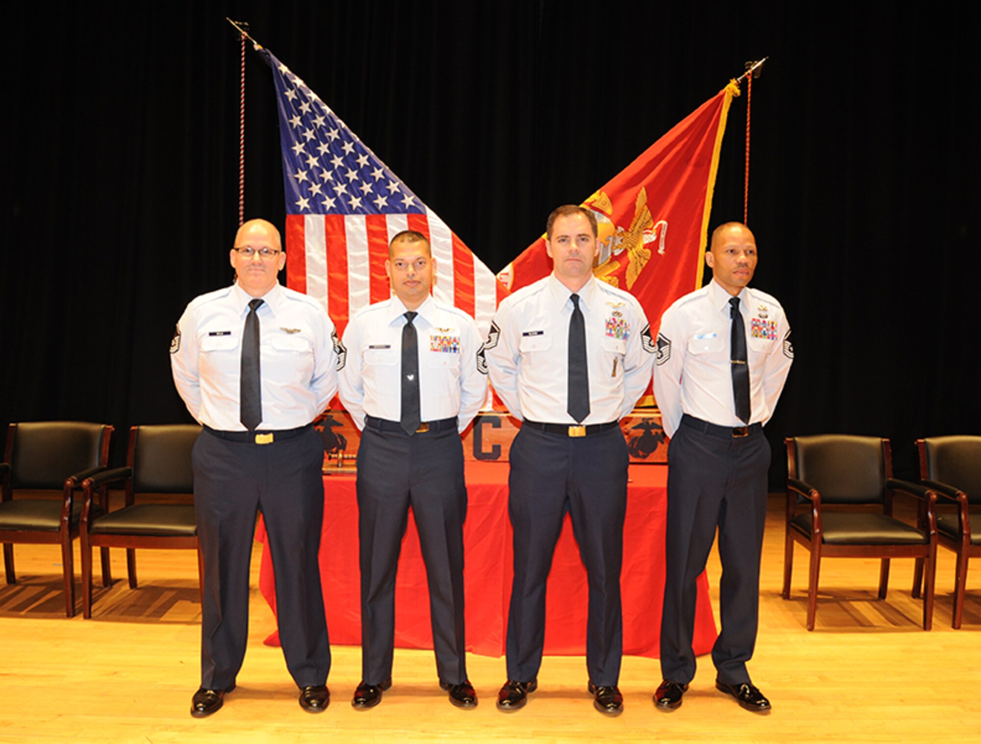 Four Airmen recently graduated from the Staff NCO Advanced Course at Marine Corps Base Camp Lejeune, North Carolina. From left, Master Sgts. Chris Wild, 908th Airlift Wing, Rolando Barrera, 432nd Air Wing; Ryan Bloom and Cleveland Ford, 23rd Wing. (US Air Force Photo by Lt. Col. Jerry Lobb)