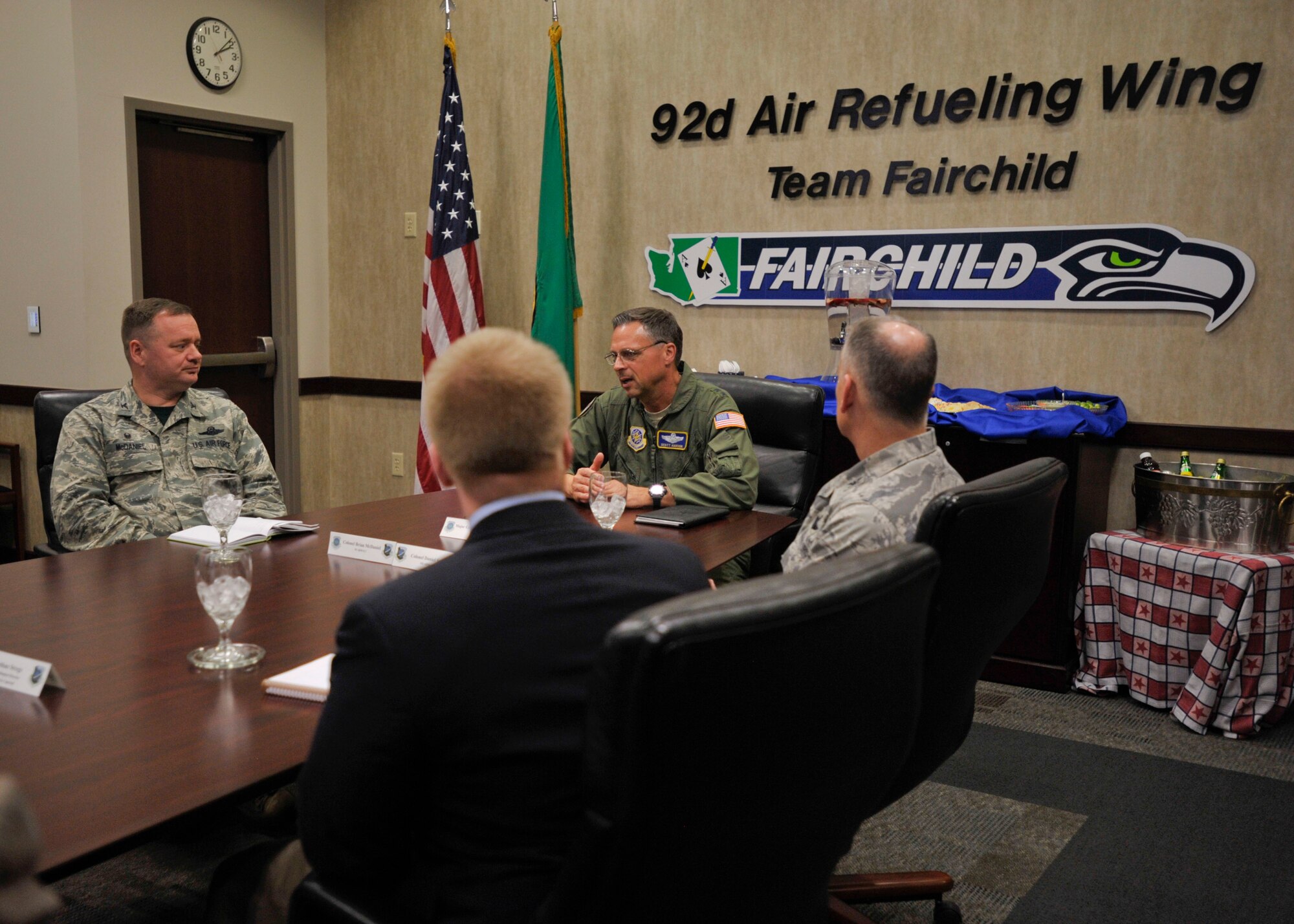 Maj. Gen. Scott Hanson, Director of Operations, Headquarters Air Mobility Command, met with Washington State congressional and senate staff members March 6, 2015, at Fairchild Air Force Base, Wash. Hanson held the briefing after touring the base and will be the keynote speaker for the 2015 Annual Awards Banquet. (U.S. Air Force photo/Airman 1st Class Taylor Bourgeous)