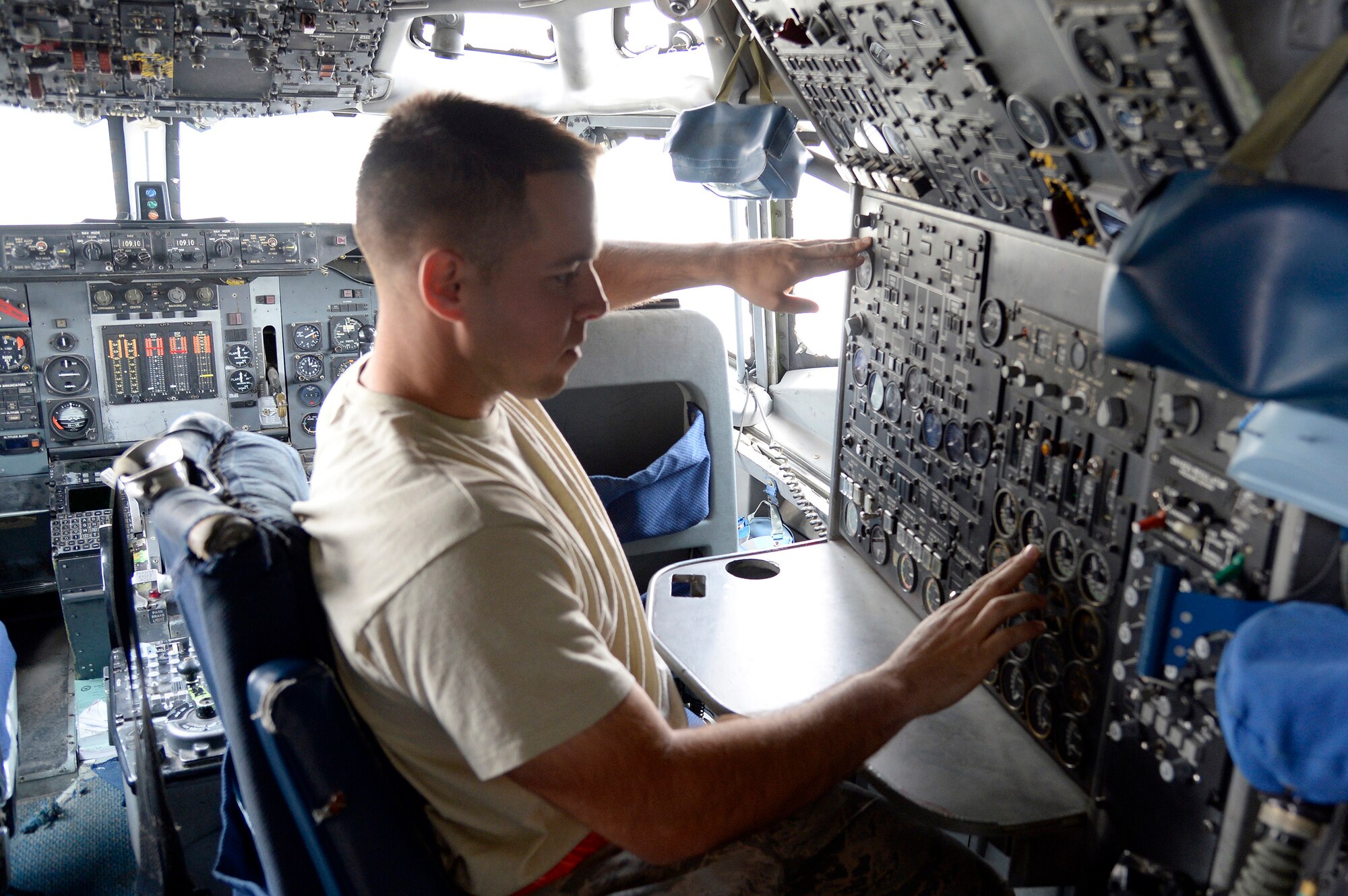 Staff Sgt. Derek, aerospace propulsion craftsman, verifies the fuel flow from an E-3 Sentry airborne warning and control system aircraft’s auxiliary power unit at an undisclosed location in Southwest Asia Feb. 24, 2015. The Sentry Aircraft Maintenance Unit is a group of guardians who blend several special powers, ranging from radar to hydraulics, and band together to ensure the E-3 Sentry AWACS maintains its operational capability. Derek is currently deployed from Tinker Air Force Base, Okla., and is a native of Waterboro, Maine. (U.S. Air Force photo/Tech. Sgt. Marie Brown)