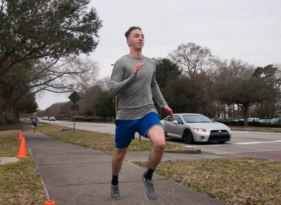 First Lt. Steven Parker, 628th Air Base Wing Comptroller Squadron budget analyst, was the fastest male during the monthly fitness 5k with a time of 18:04. The 5k was this month's fitness challenge, which is a 628th ABW initiative intended to encourage teamwork and camaraderie as part of Comprehensive Airmen Fitness and celebrated Women’s History Month. (U.S. Air Force photo / Senior Airman Tom Brading)