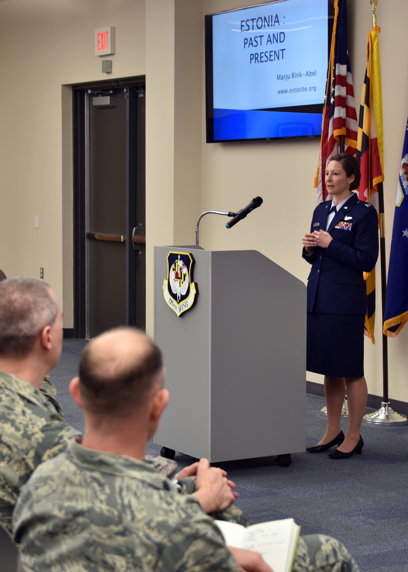 Capt. Lacey C Brent, 175th Cyber Operations, introduces Marju Rink-Abel, president of the Estonian American National council at Warfield Air National Guard Base on February 8, 2015. Rink-Abel provided Maryland Air National Guardsmen a detailed overview of Estonia, Maryland’s State Partnership Program partner since 1993, Many of the Airmen have either been to Estonia or will go in the near future. (U.S. Air National Guard photo by 2nd Lt. Benjamin Hughes/RELEASED) 