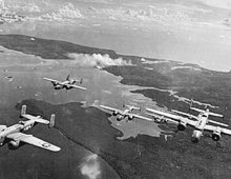 B-25 Mitchells from the 42nd Bombardment Group over Bougainville, 1944.  Balikpapan was a center for oil refining on Borneo, which was held by the Japanese. (courtesy photo from Wikipedia.org)