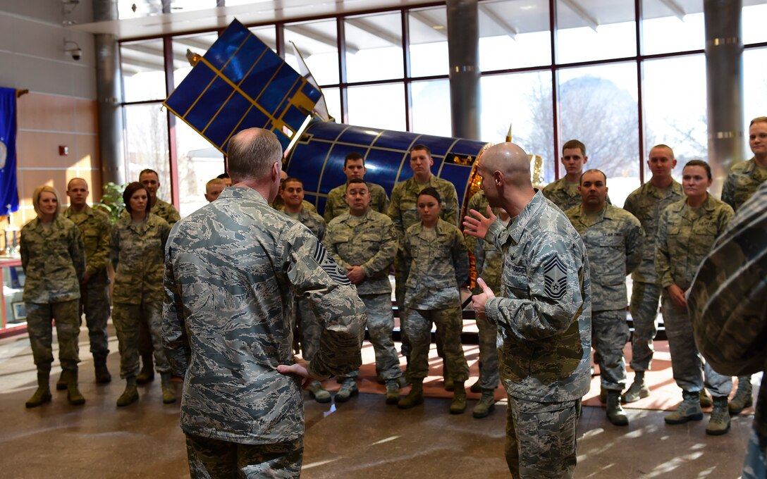 Chief Master Sgt. of the Air Force James A. Cody engages with Airmen of 460th Operations Group March 5, 2015, at Buckley Air Force Base, Colo. Cody visited Buckley to meet Airman and get an understanding of the base mission. (U.S. Air Force photo by Airman 1st Class Luke W. Nowakowski/Released)