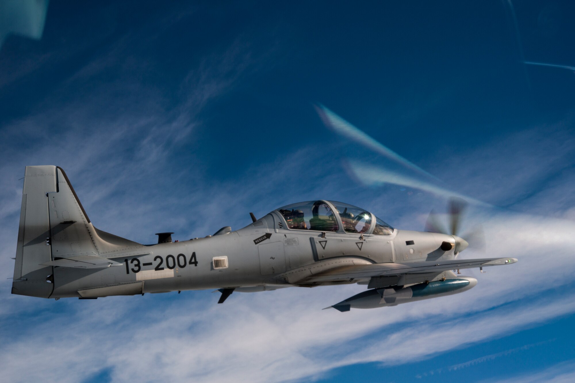 U.S. Air Force Capt. Matthew Clayton, 81st Fighter Squadron instructor pilot, flies an A-29 Super Tucano March 5, 2015, in the skies over Moody Air Force Base, Ga. The 81st FS is the only A-29 squadron in the Air Force. (U.S. Air Force Photo by Senior Airman Ryan Callaghan/Released)
