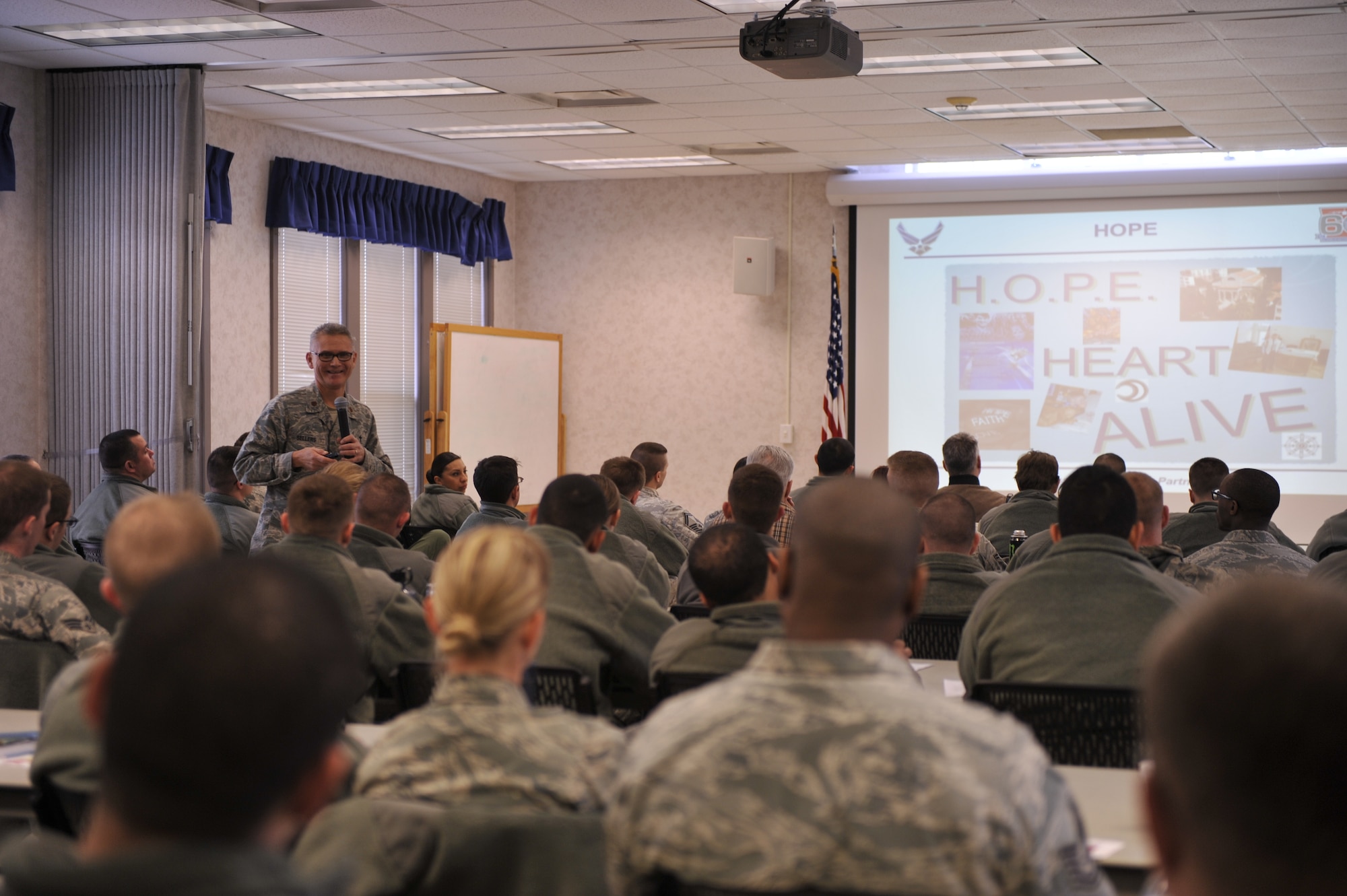 Maj. Randy Sellers, a 19th Airlift Wing chaplain, teaches Spiritual Triage Feb. 27, 2015, at Little Rock Air Force Base, Ark. Sellers talked about spiritual fitness and encouraged each Airman to remember the values that drive them. (U.S. Air Force photo/Senior Airman Regina Edwards)