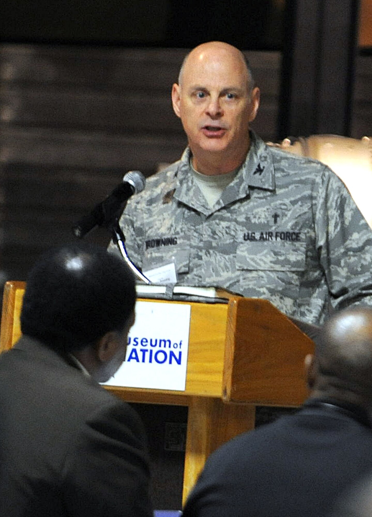 Chaplain (Col.) Jimmy Browning, Air Force Materiel Command chaplain, provided an abbreviated definition of spiritual fitness, relating it those civilian Airmen who work on military aircraft Feb 26, 2015. (U.S. Air Force photo by Tommie Horton)