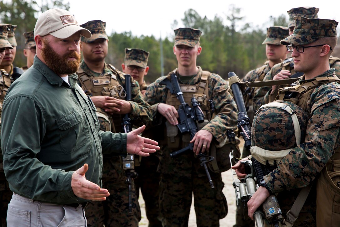 Paul Albaugh, a training specialist with the Marine Corps Engineer School, explains to Marines with Alpha Company, 2nd Combat Engineer Battalion, 2nd Marine Division, the importance of using a Compact Metal Detector during a week-long Counter-IED course aboard Marine Corps Base Camp Lejeune, N.C., March 2-5, 2015. Albaugh said that CIED is essential to 2nd CEB’s mission accomplishment because improvised explosive devices aren’t just centralized to Afghanistan, but are a global threat and will continue to be a global threat so having effective tactics, techniques and procedures in place is important. (U.S. Marine Corps photo by Cpl. Krista James/Released)