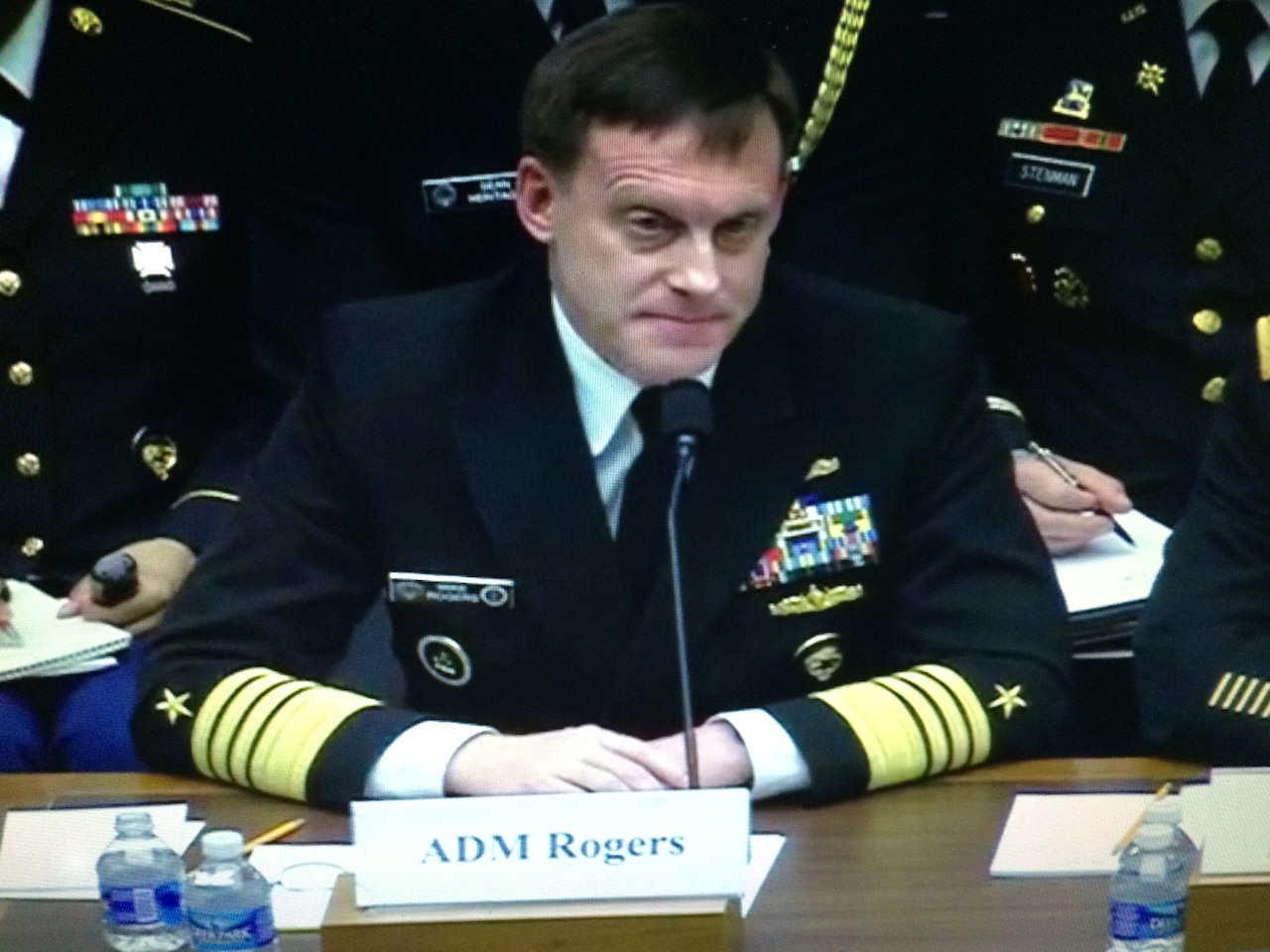Navy Adm. Michael S. Rogers, commander of U.S. Cyber Command and director of the National Security Agency, testifies before the House Armed Services Committee improving the military cyber security posture in an uncertain threat environment, March 4, 2015. DoD photo by Cheryl Pellerin