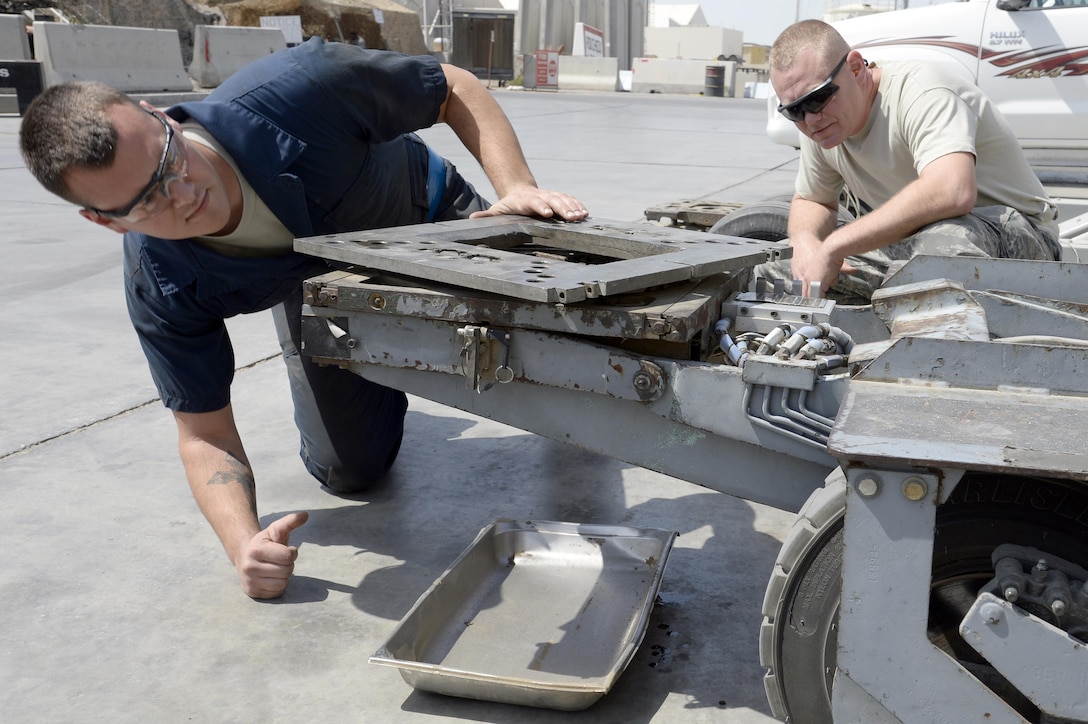 Staff Sgt. Nicholas, right, Aerospace Ground Equipment assistant floor lead, and Senior Airman Michael, AGE journeyman, inspect a MJ-1B Jammer for an oil leak at an undisclosed location in Southwest Asia Mar. 3, 2015. The AGE flight is responsible for 542 pieces of equipment and averages 4,800 equipment dispatches, 250 maintenance actions and 110 periodic and phase inspections every month. Nicholas is currently deployed from Seymour Johnson Air Force Base, N.C., and is a native of Geraldine, Ala. Michael is currently deployed from Hill Air Force Base, Utah and is a native of Burleson, Texas. (U.S. Air Force photo/Tech. Sgt. Marie Brown) (RELEASED)