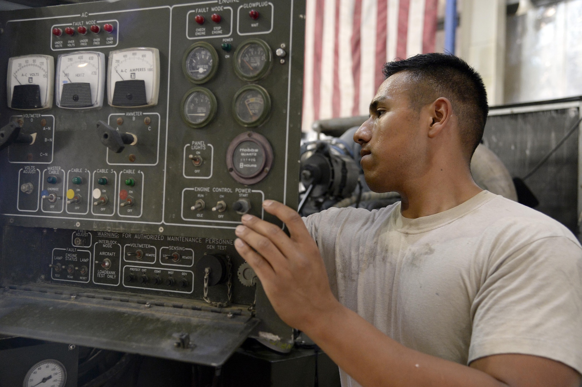 Staff Sgt. Jaime, aerospace ground equipment, performs a phase 2 inspection on an A/M32A-103 Generator at an undisclosed location in Southwest Asia Mar. 4, 2015. AGE provides the vital support to the flightline to basically sustain all the operations that go on. Jaime is currently deployed from Tinker Air Force Base, Okla., and is native of Oklahoma City, Okla.  (U.S. Air Force photo/Tech. Sgt. Marie Brown) (RELEASED)