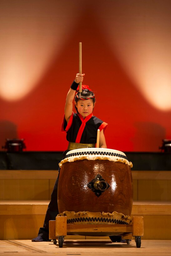 A member of the Domu, Otake City Japanese Drums Organization performs during the 2015 U.S.-Japan Friendship Concert inside the Sinfonia Iwakuni Concert Hall, Iwakuni City, Japan, Feb. 14, 2015. The purpose behind the event was to provide an opportunity for interaction between local residents and U.S. military members and build bonds through music.