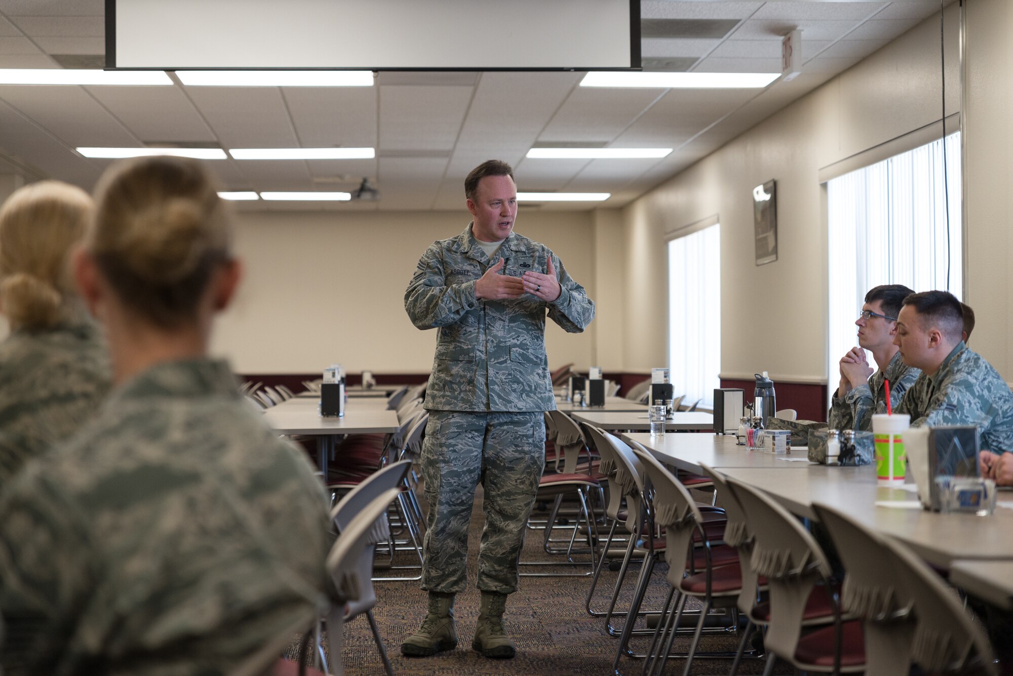 153rd Airlift Wing Command Chief Master Sgt. Michael D. Abbott spoke to about 20 enlisted members of the Rising 6 organization on the topic of managing a successful career in the Air National Guard, Mar. 7, 2015 at Cheyenne Air National Guard Base in Cheyenne, Wyoming. Rising 6 members consist of Airman in the ranks of Airman Basic to Tech. Sgt. who inform leaders of issues which impact involving Airmen and noncommissioned officers. (U.S. Air National Guard photo by Tech. Sgt. Galvin/released)