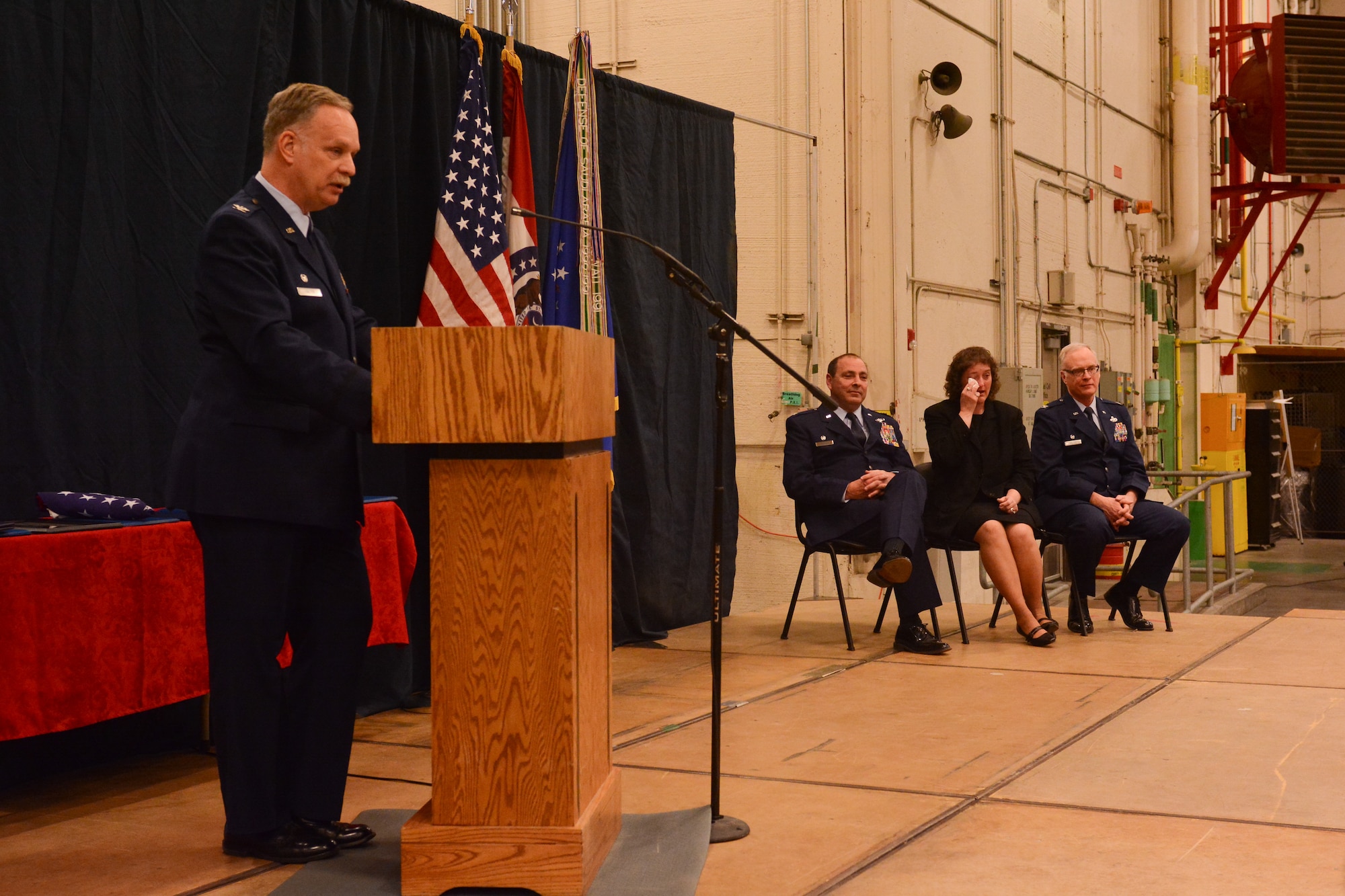 U.S. Air Force Col. David Halter, vice commander of the 139th Airlfit Wing retires at Rosecrans Air National Guard Base, St. Joseph, Mo., March 7, 2015. Halter retired after 30 years of military service and 6,100 flight hours as a navigator.  (U.S. Air National Guard photo by: Senior Airman Patrick P. Evenson/Released)