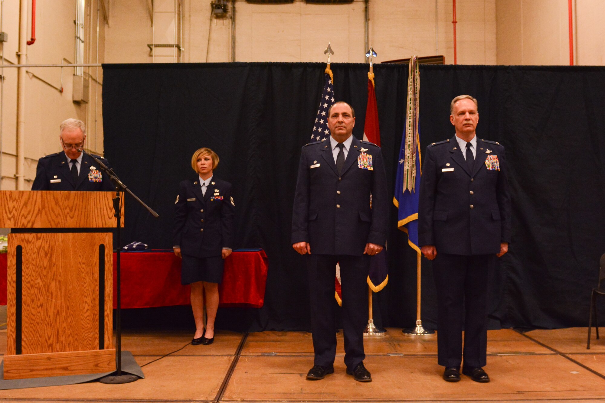 U.S. Air Force Col. David Halter, vice commander of the 139th Airlfit Wing retires at Rosecrans Air National Guard Base, St. Joseph, Mo., March 7, 2015. Halter retired after 30 years of military service and 6,100 flight hours as a navigator.  (U.S. Air National Guard photo by: Senior Airman Patrick P. Evenson/Released)