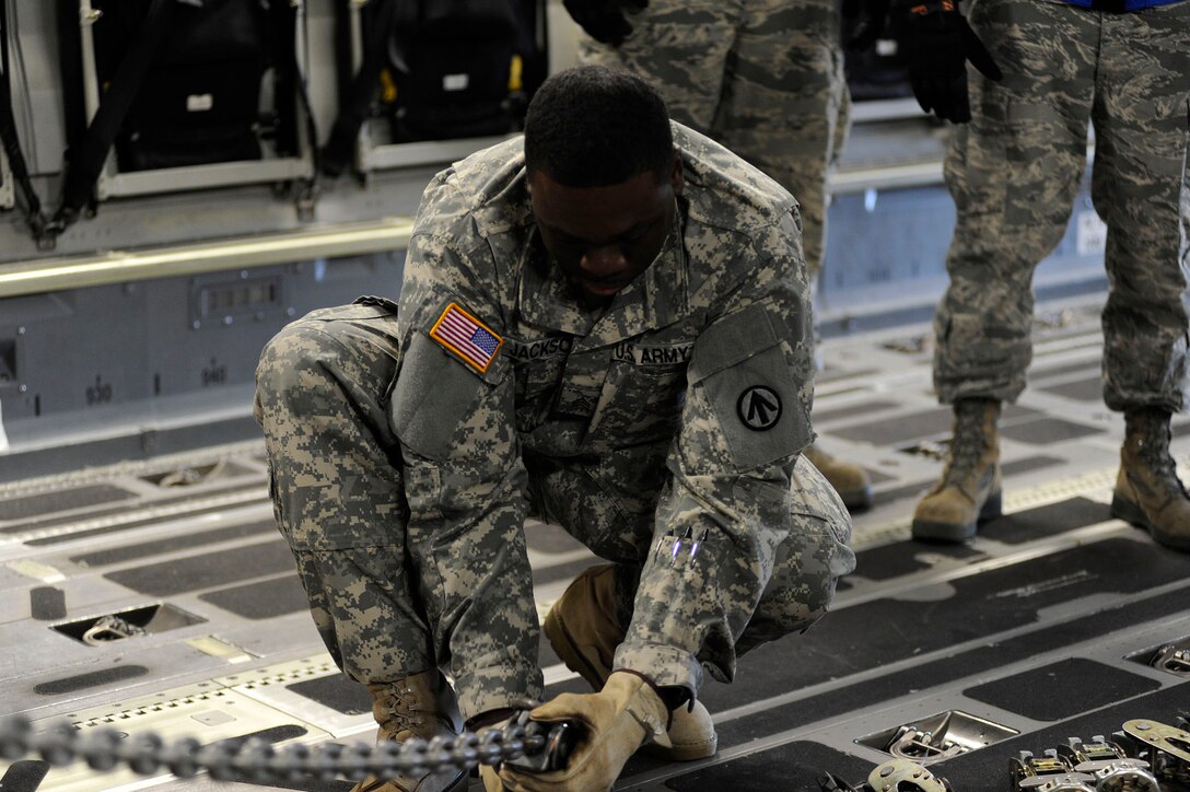 Airmen from the 317th Airlift Squadron, 38th and 81st Aerial Port Squadrons conduct a joint training scenario with the 1189th Transportation Brigade and the 941st Transportation Company at Joint Base Charleston – Air Base, S.C. March 7-8, 2015. This is the first time these units have facilitated this type of training where both branches of service worked side-by-side, executing weight and balance of vehicles, load planning, cargo buildup as well as the loading of equipment onto a C-17 Globemaster III. Soldiers and Airmen worked together over a two-day period to sharpen various transportation skills needed for their jobs. The 317 AS, 38 and 81 APS are assigned to the 315th Airlift Wing. The 1189th TSB and the 941st TSC are Reserve units that operate out of the JB Charleston – Weapons Station. (U.S. Air Force photo by Staff Sgt. Bobby Pilch)