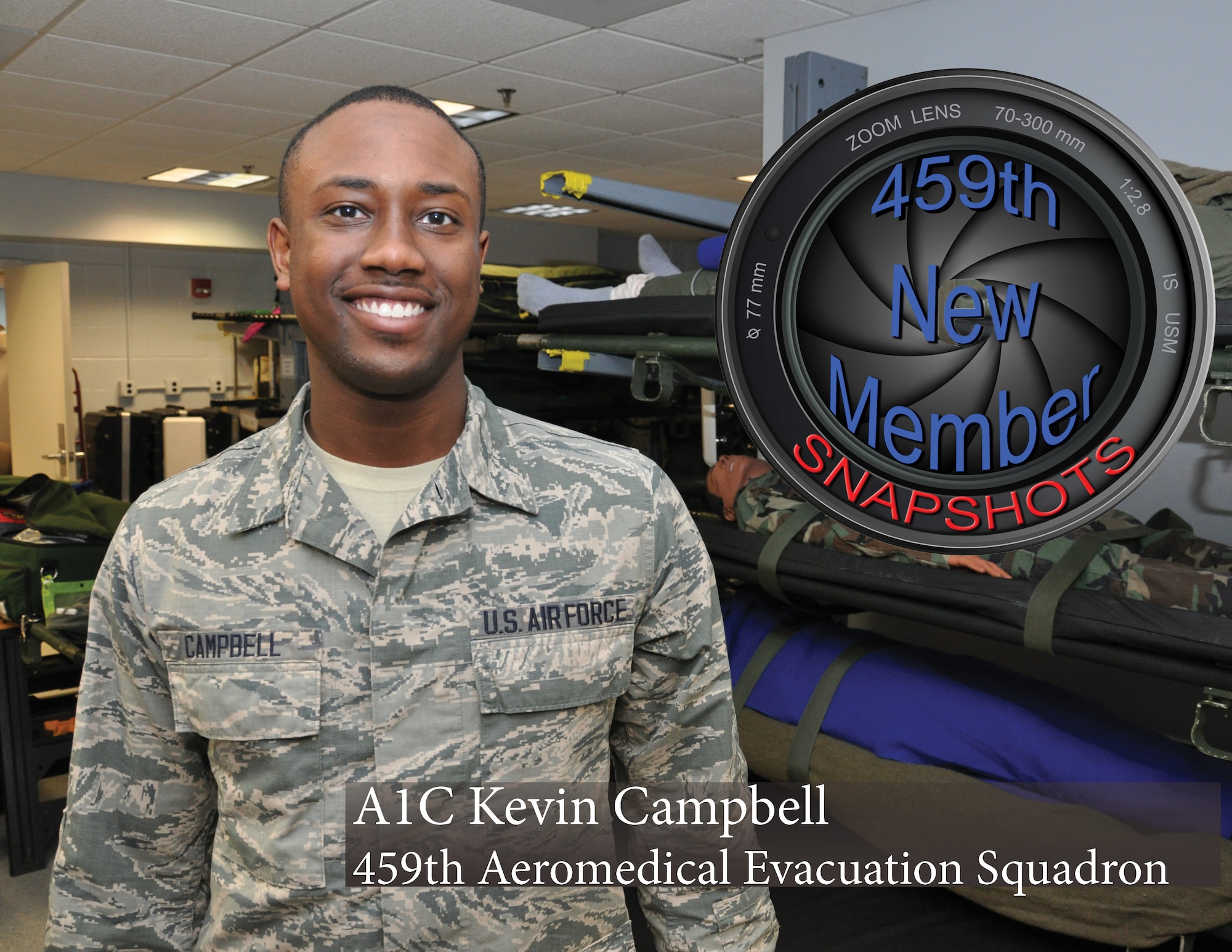 Airman First Class Kevin Campbell, Air Evacuation Technician, 459th Aeromedical Evacuation Squadron poses for a photo at Joint Base Andrews, Md., March 7, 2015.  A1C Campbell is the 459th Air Refueling Wing's New Member Snapshot for the month of March.  (U.S. Air Force Photo/ Tech. Sgt. Brent A. Skeen)