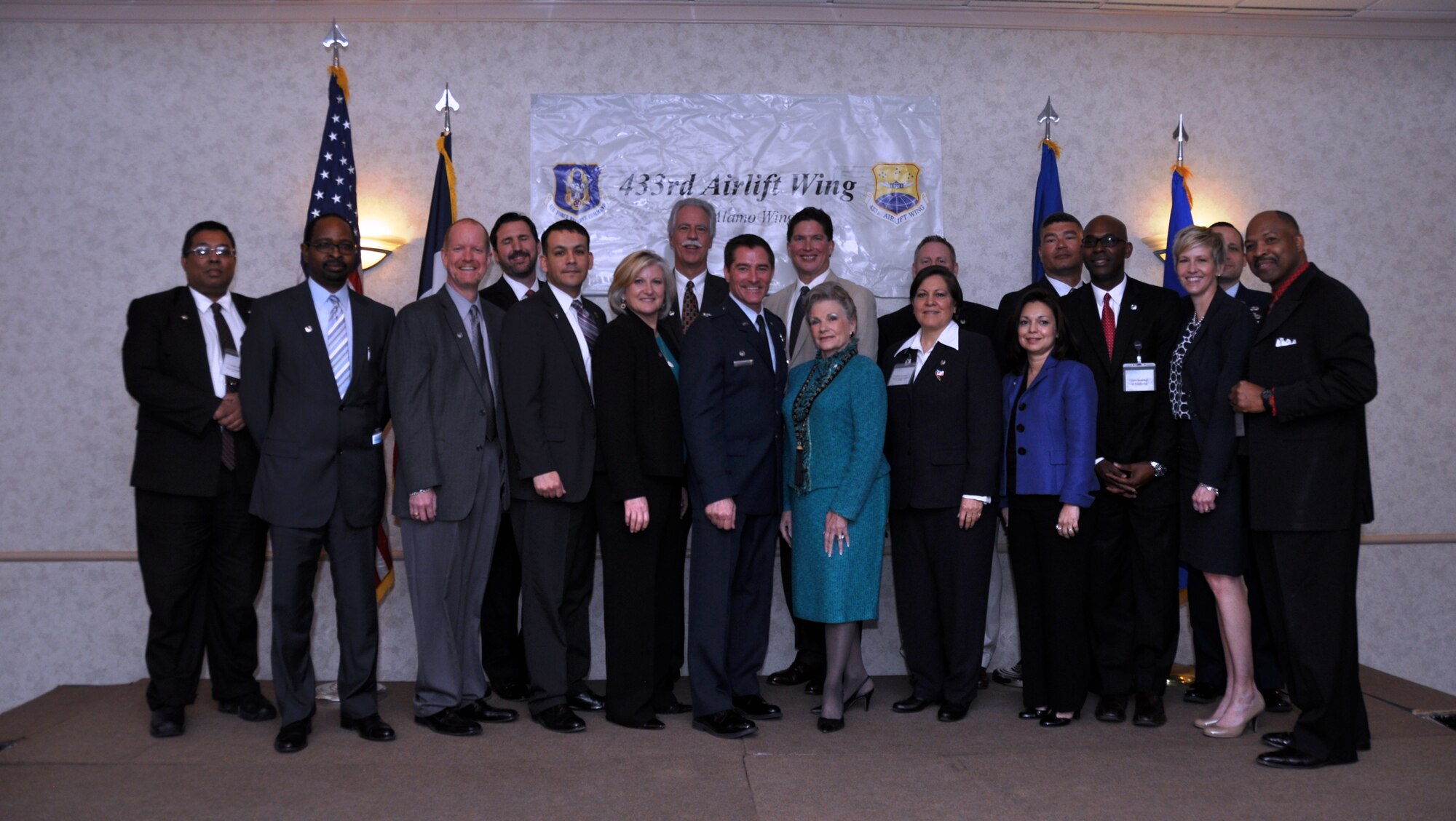 The 433rd Airlift Wing inducted 14 business and community leaders into the Alamo Wing's Honorary Commanders Program during a ceremony March 7, 2015 at the Double Tree Hotel in San Antonio, Texas. Honorary Commanders are paired with commanders and senior leadership assigned to the "Alamo Wing" to educate them about the activities of the 433rd AW, the Air Force Reserve, and its vital role in national defense. (U.S. Air Force Photo by Tech. Sgt. Carlos J. Trevino)

