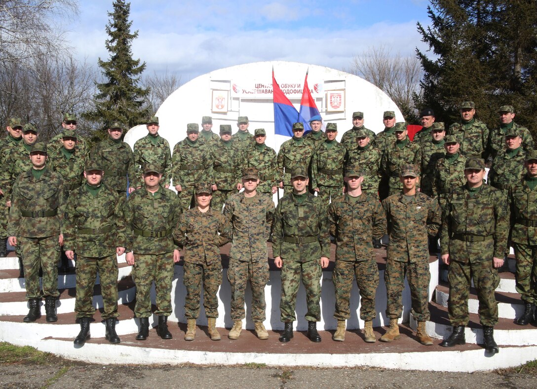 Senior noncommissioned officers from the Serbian Armed Forces attending a NCO Workshop worked with four U.S. Marines with Black Sea Rotational Force to share information about the noncommissioned officer rank at the Serbian Armed Forces Training Center Pancevo, March 3 through 6, 2015. These military-to-military engagements between the U.S. and Serbian militaries allow for a greater understanding in Serbia’s effort toward NATO interoperability in the area of leader development.
