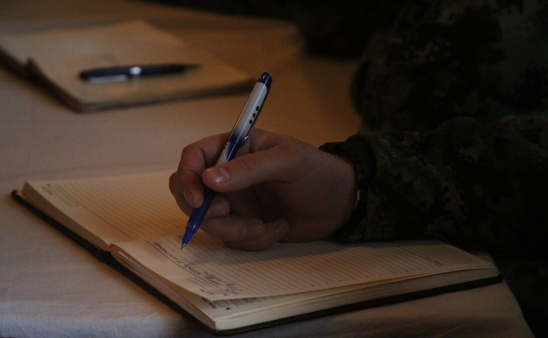 Senior noncommissioned officers from the Serbian Armed Forces attending a NCO Workshop worked with four U.S. Marines with Black Sea Rotational Force to share information about the noncommissioned officer rank at the Serbian Armed Forces Training Center Pancevo, March 3 through 6, 2015. These military-to-military engagements between the U.S. and Serbian militaries allow for a greater understanding in Serbia’s effort toward NATO interoperability in the area of leader development. (U.S. Marine Corps photo by 1st Lt. Sarah E. Burns)