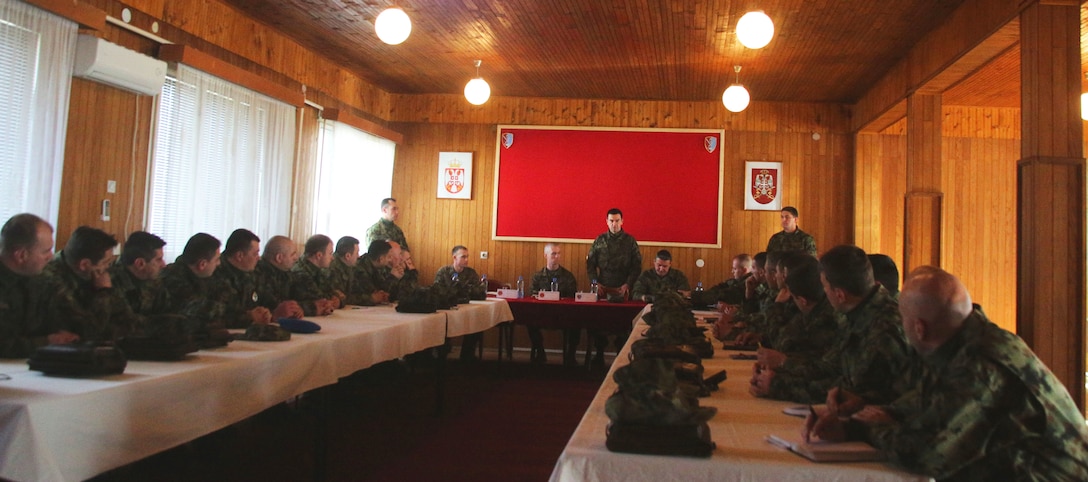 Senior noncommissioned officers from the Serbian Armed Forces attending a NCO Workshop worked with four U.S. Marines with Black Sea Rotational Force to share information about the noncommissioned officer rank at the Serbian Armed Forces Training Center Pancevo, March 3 through 6, 2015. These military-to-military engagements between the U.S. and Serbian militaries allow for a greater understanding in Serbia’s effort toward NATO interoperability in the area of leader development. (U.S. Marine Corps photo by 1st Lt. Sarah E. Burns)