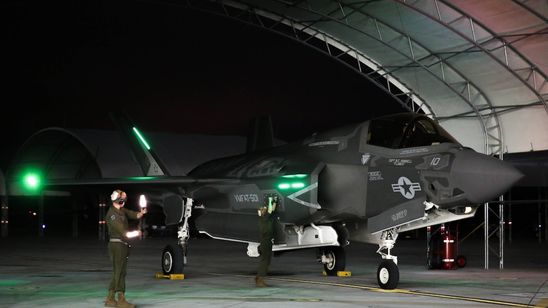 Maj. Paul Holst, an instructor pilot with Marine Fighter Attack Training Squadron 501, flies into Beaufort skies to conduct an F-35B Lightning II night flight for the first time in Marine Corps Air Station Beaufort and VMFAT- 501 history, March 2. Pilots conducted the night flights throughout the week to determine how to teach new pilots.
