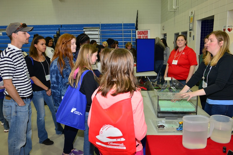 Held at Woodville Tompkins Technical and Career High School, Girls Engineer It Day attracted hundreds of area middle and high school students who learned about career opportunities in the STEM fields. Savannah District volunteers Sarah Wise, Sherelle Reinhardt and Beth Williams brought an interactive wetlands model, which demonstrated how dams and levees are used to mitigate flooding and manage water resources. 