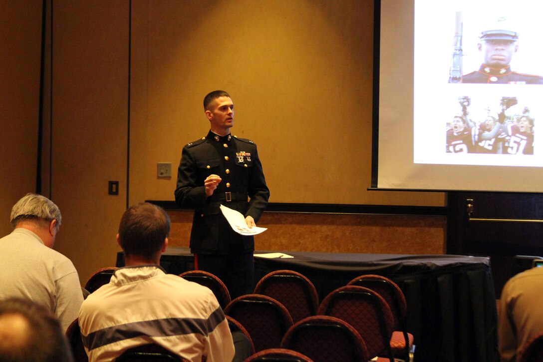 U.S. Marine Corps Capt. Brian Maurer, Reserve Support Officer for Recruiting Station Cleveland, and Parma Heights, Ohio native speaks to local football coaches about being a true leader of the team and producing lasting results during his speaking session at the Cleveland Glazier Clinic on Feb. 28 at the Bertram Inn and Conference Center in Aurora, Ohio. The Marine Corps has joined with Glazier Clinics, which is a resource for high school football coaches throughout the country. (U.S. Marine Corps photo by Sgt. T.M. Stewman)