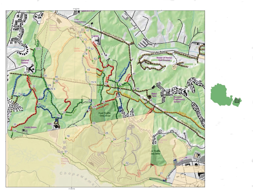 This map shows the mainside trail network, with historical range fans superimposed. People spending any time on the trails are advised to remain on the cleared pathways and not step off-trail. This is the best way to avoid any unexploded ordnance that may be in the area.