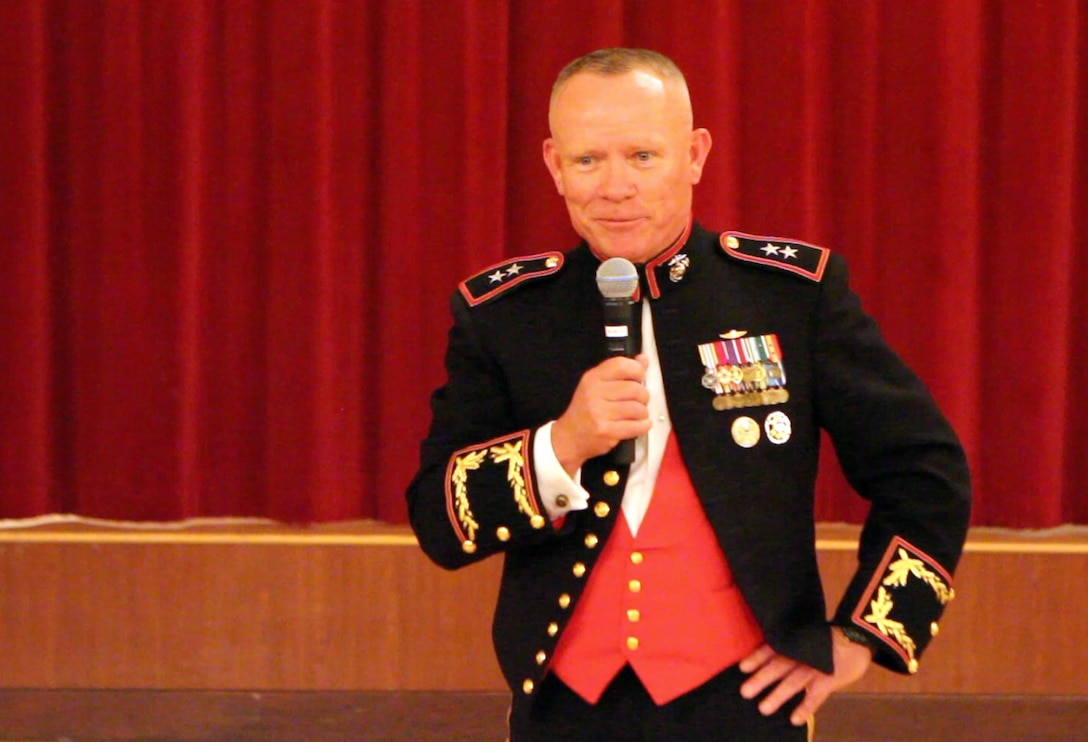 Major General Lawrence D. Nicholson, commanding general of 1st Marine Division, I Marine Expeditionary Force, thanks the veterans of the Battle of Iwo Jima for their service during the Iwo Jima Commemorative Banquet for the 70th Anniversary of the Battle of Iwo Jima at Marine Corps Base Camp Pendleton, Calif., March 7. The evening included a sunset memorial, 21-gun salute, banquet and a video message for veterans from Commandant of the Marine Corps General Joseph Dunford. “Your legacy is the young men and women who use your example of courage and commitment to inspire them to confront and overcome the challenges that they face today… I pledge that today’s Marines will keep the spirit of Iwo Jima alive,” said Dunford. (U.S. Marine Corps photo by Lance Cpl. Caitlin Bevel)