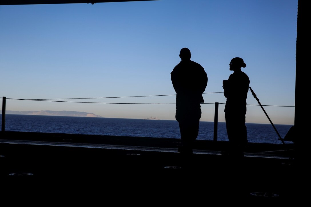 U.S. Marines with the 15th Marine Expeditionary Unit stand in the hangar bay aboard the USS Essex (LHD 2) during Amphibious Squadron/Marine Expeditionary Unit Integration Training (PMINT) off the coast of San Diego March 5, 2015. PMINT gave PHIBRON 3 and the 15th MEU an opportunity to integrate at all levels and execute full-mission profiles while at sea. (U.S. Marine Corps photo by Cpl. Anna Albrecht/ Released)