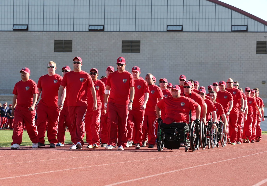 The Wounded Warrior Regiment celebrated the start of the 2015 Marine Corps Trials with its opening ceremony at Paige Fieldhouse, March 5. The Marine Corps Trials were established to promote the health and wellness of wounded, ill, and injured Marines and Sailors. The 267 athletes participating will compete in eight different sports including archery, shooting, swimming, cycling, track and field, wheelchair basketball and sitting volleyball.