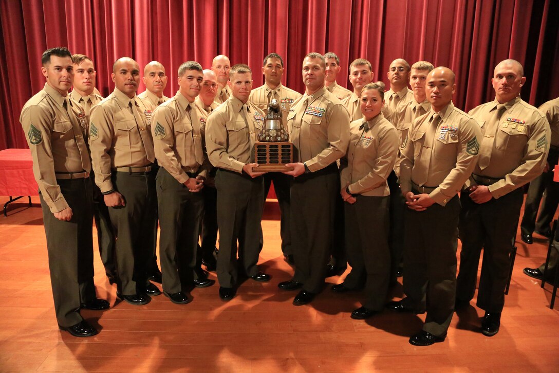 Marine Corps Recruit Depot San Diego won The San Diego Team Trophy at the 2015 Western Division Matches at Camp Pendleton on March 6. The trophy is referred to as "The Bear" and is one of the oldest active trophies competed for in the Marine Corps, it is awarded to the rifle team that scores the most overall points and comes from a unit whose strength is in excess of 600 personnel.