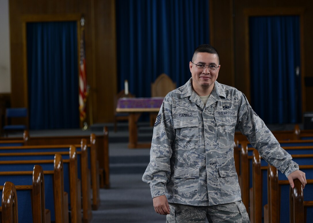 Tech. Sgt. Brian Ramirez, 47th Flying Training Wing chapel assistant, poses for a photo at Laughlin Air Force Base, Texas, March 9, 2015. Ramirez was praised by the chapel’s leadership for being the key to their success in reaching the Air Education and Training Command objective of spending 45 percent of their time within the units. (U.S. Air Force photo by Airman 1st Class Jimmie D. Pike)(Released)