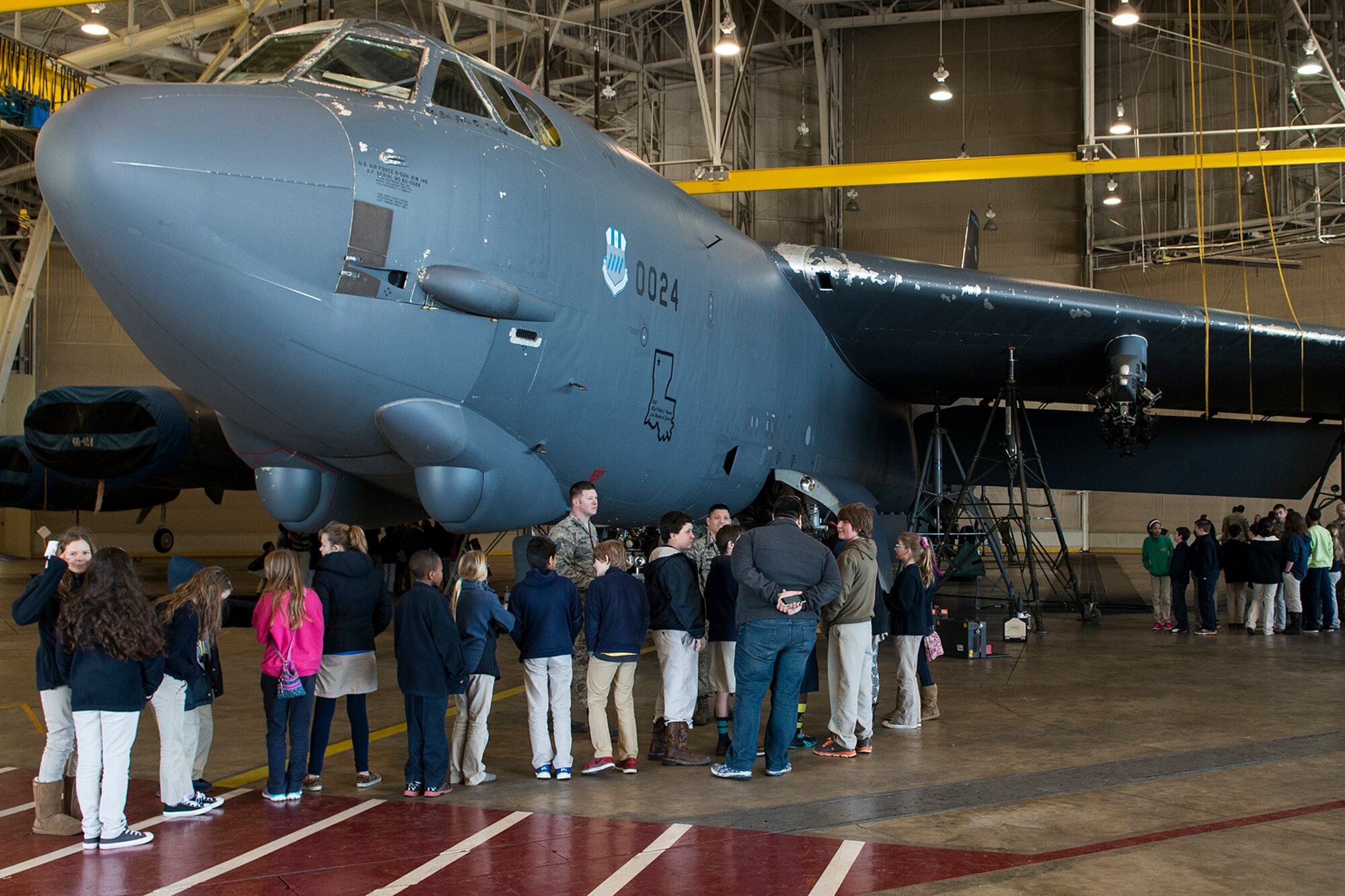 STARBASE students get a tour of a B-52H Stratofortress, Mar. 6, 2015, Barksdale Air Force Base, La. STARBASE provides area 5th graders with a 25 hour hands-on/minds-on environment that actively engages students to explore science, technology, engineering and mathematics to excite their interest, develop a solid concept base and encourage pursuit of these four fields in future careers. (U.S. Air Force photo by Master Sgt. Greg Steele/Released)