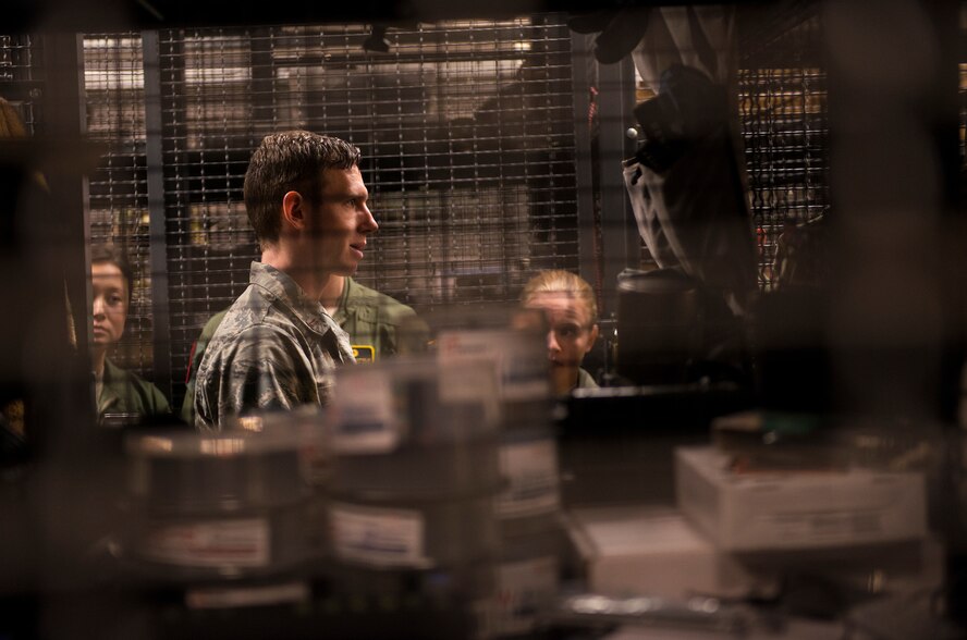 U.S. Air Force 2nd Lt. Ryan Kelly, 38th Rescue Squadron combat rescue officer, gives U.S. Air Force Academy cadets a tour of his squadron’s building March 5, 2015, at Moody Air Force Base, Ga. Moody is Cadet Squadron 9’s sponsor base and during the three-day visit Moody Airmen provided mentorship and insight into active-duty life. (U.S. Air Force photo by Airman 1st Class Ceaira Tinsley/Released)