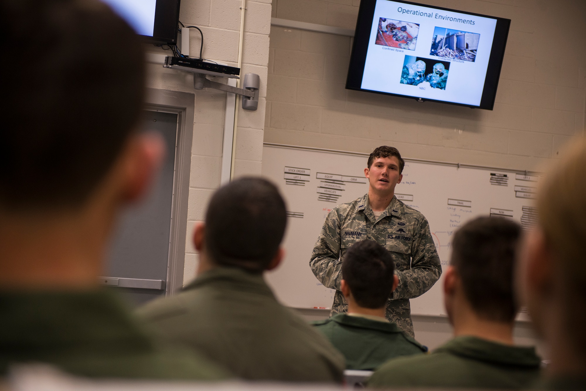 U.S. Air Force 1st Lt. Jacob Naumann, 38th Rescue Squadron combat rescue officer, explains the CRO career field to U.S. Air Force Academy cadets March 5, 2015, at Moody Air Force Base, Ga. Moody Airmen advised and mentored the cadets about some of the different career fields available in the Air Force. (U.S. Air Force photo by Airman 1st Class Ceaira Tinsley/Released)