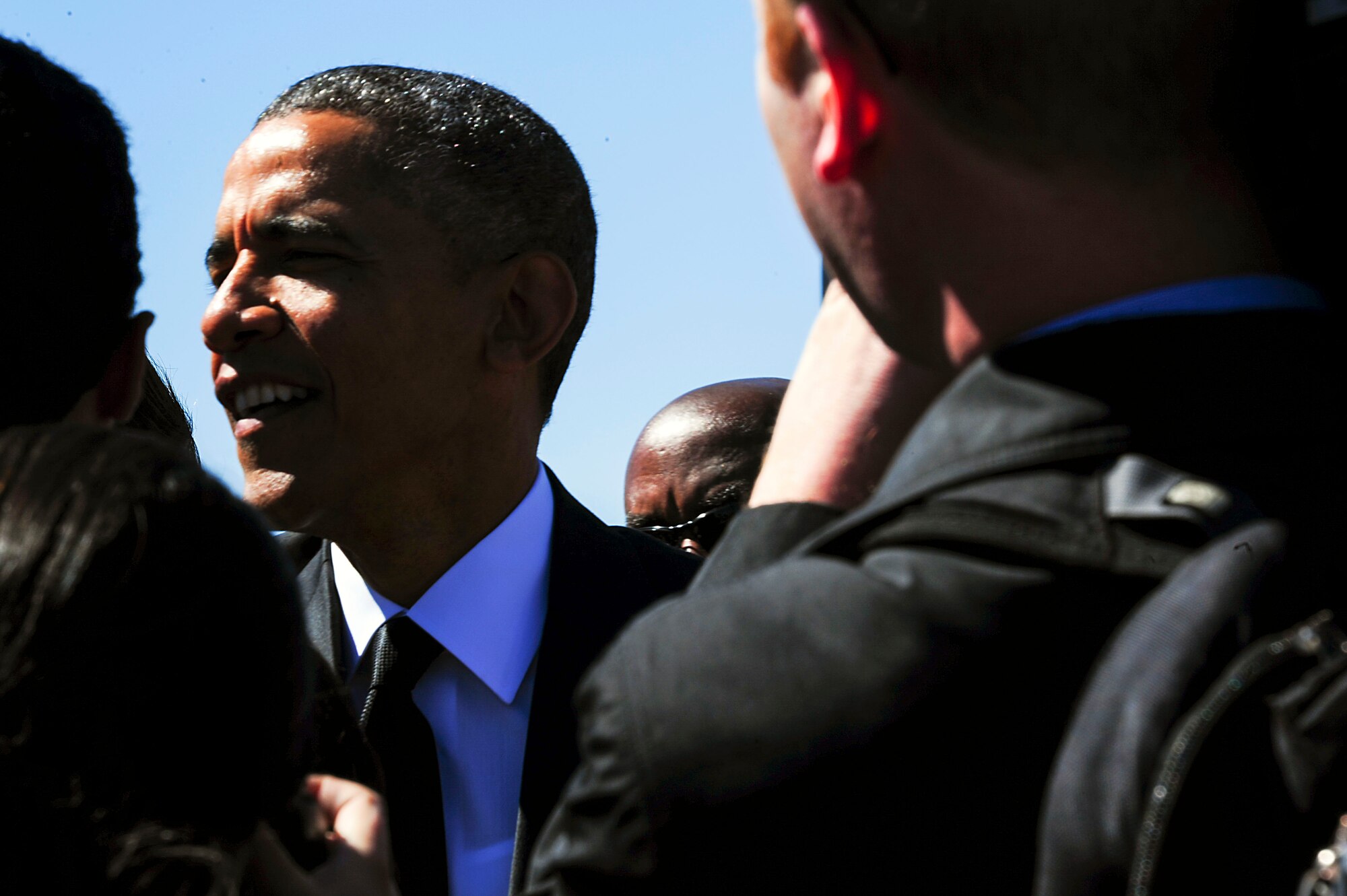 President Barack Obama greets Airmen on the flightline at Maxwell Air Force Base, Alabama, March 7, 2015, before departing to Selma, Alabama. There were more than 100 Maxwell Airmen waiting for the chance to meet their commander in chief. (U.S. Air Force photo by Airman 1st Class Alexa Culbert)
