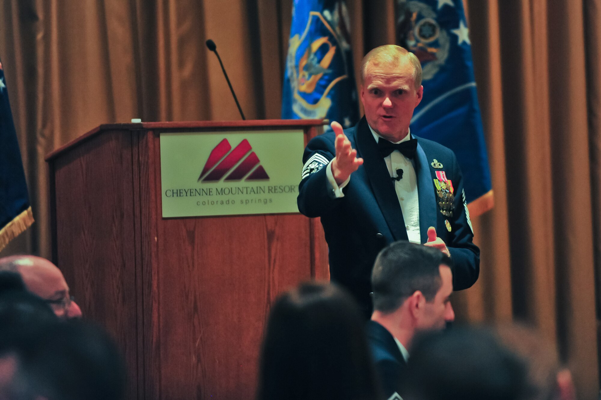 Chief Master Sgt. of the Air Force James A. Cody entertains the Airmen and civilians of the 310th Space Wing March 6, 2015, at the Cheyenne Mountain Resort in Colorado Springs, Colo. Cody was the guest speaker for the event, which recognized the wing’s annual award winners and brought unit Reservists together to enjoy an evening of esprit de corps, unit morale and camaraderie.
(U.S. Air Force photo/Tech. Sgt. Nicholas B. Ontiveros)